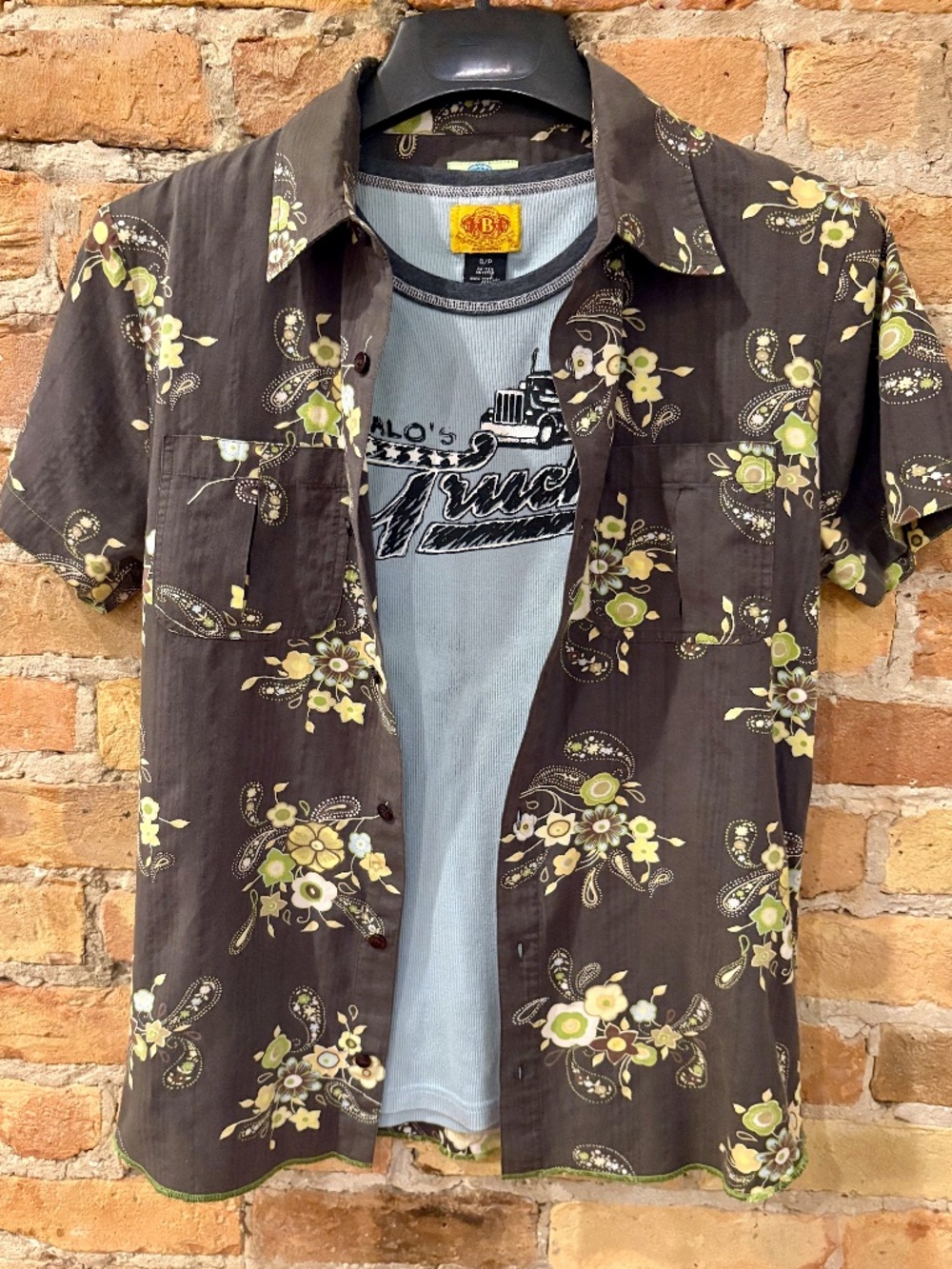Buffalo 2 Shirts - Brown Short Sleeve Button Up, Blue Ribbed Sleeveless T-Shirt